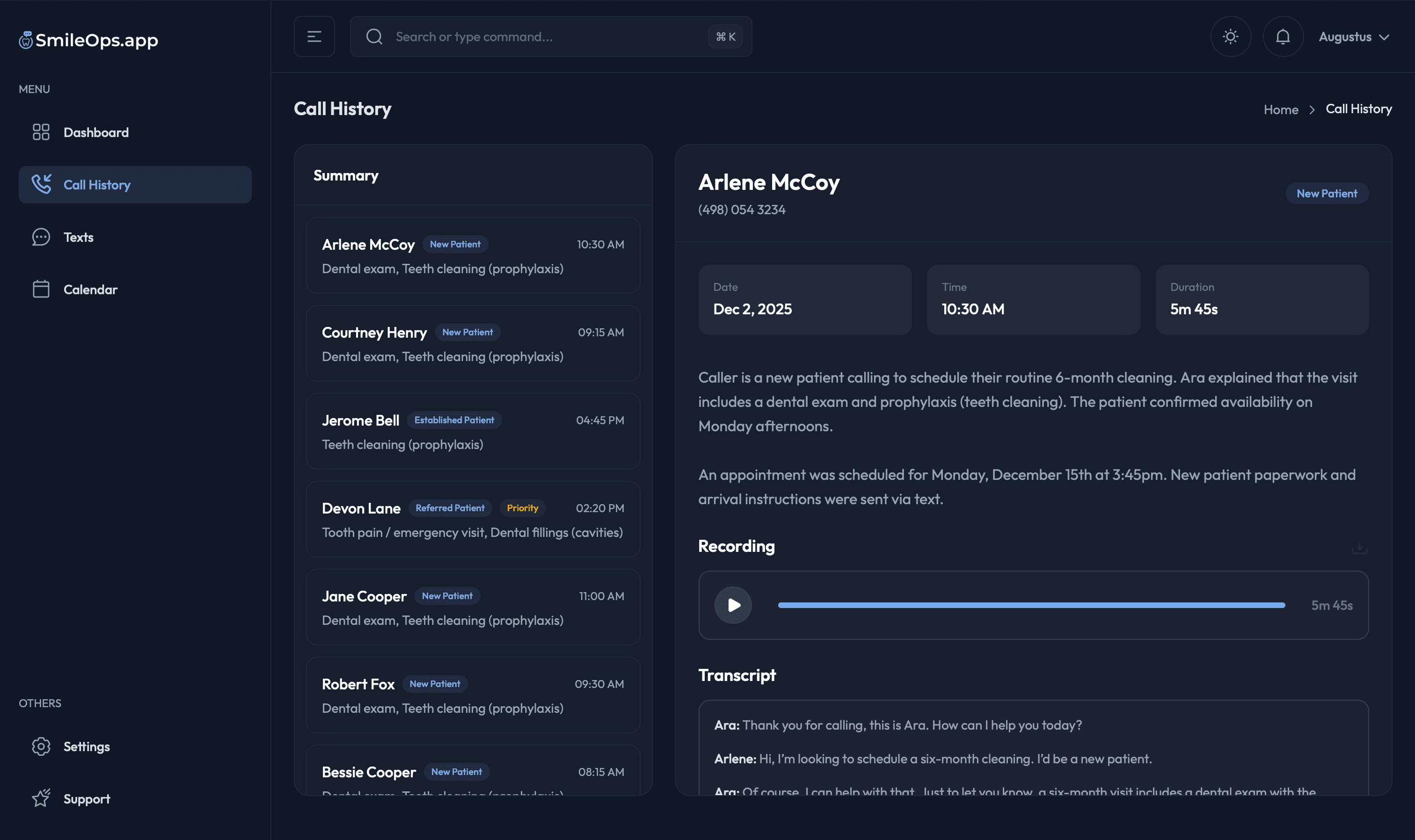 SmileOps Call History Screenshot